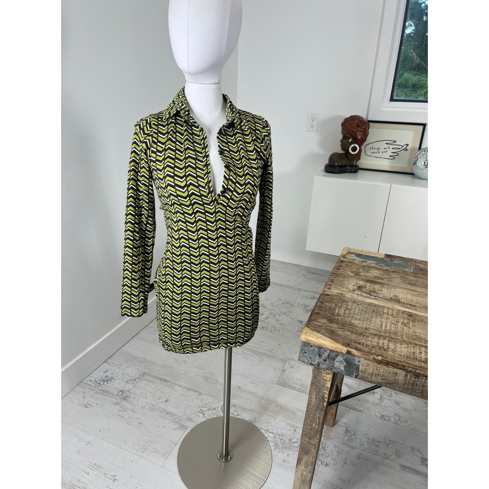 Motel Green Brown Chevron Geometric Long Sleeve Collared Mini Dress Size M NEW